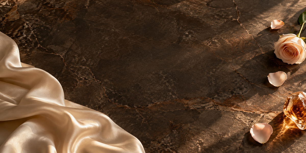 Ivory silk, blush rose and amber glass on warm dark stone