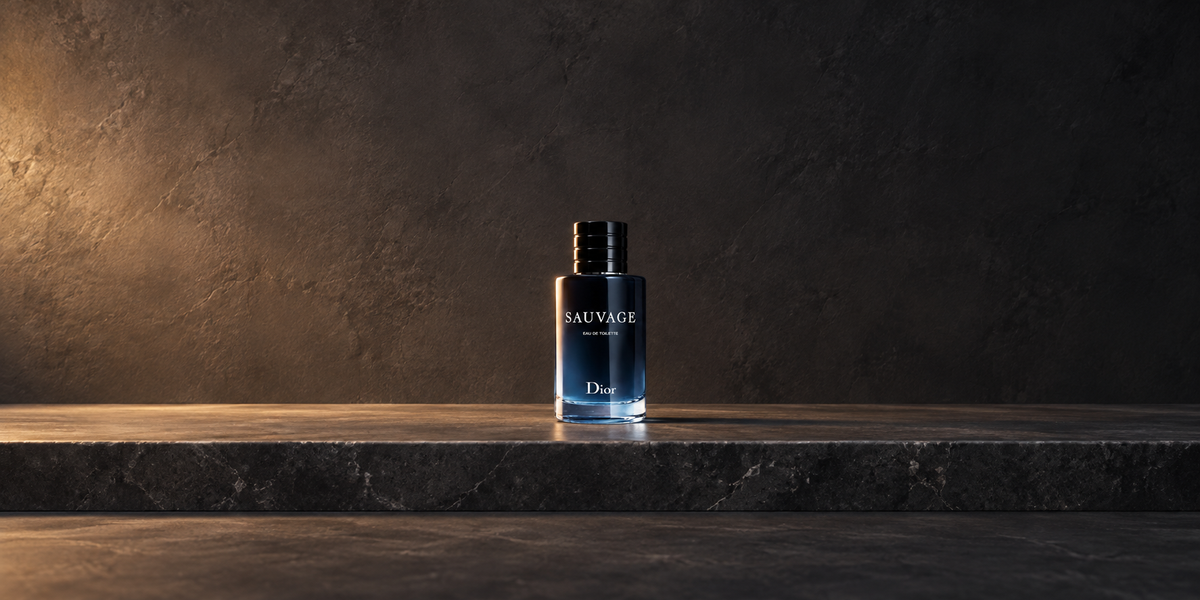 Dior Sauvage on dark stone with warm side lighting