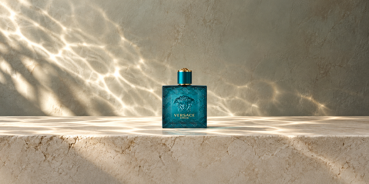 Versace Eros on limestone with reflected sunlight